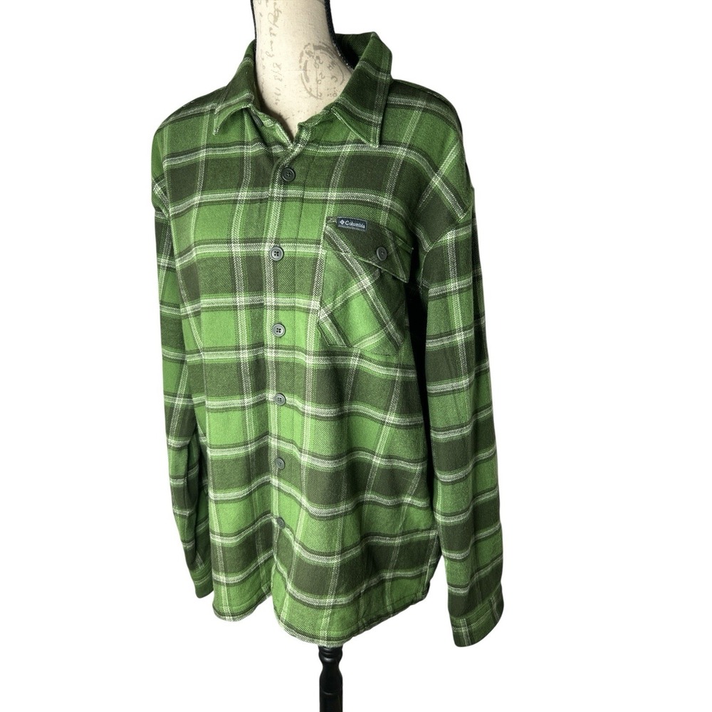 Columbia Men's L Hill View Button Down Shirt Jacket‎ Green Flannel Fleece Lined